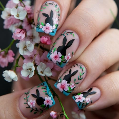 Easter Press on Nails Short Square Fake Nails with Cute Rabbits Design Glossy Blue French Tips Glue on Nails Funny Bunny Striped Nail Press ons Reusable Spring Acrylic Nail for Women Manicure 24Pcs | Amazon (US)