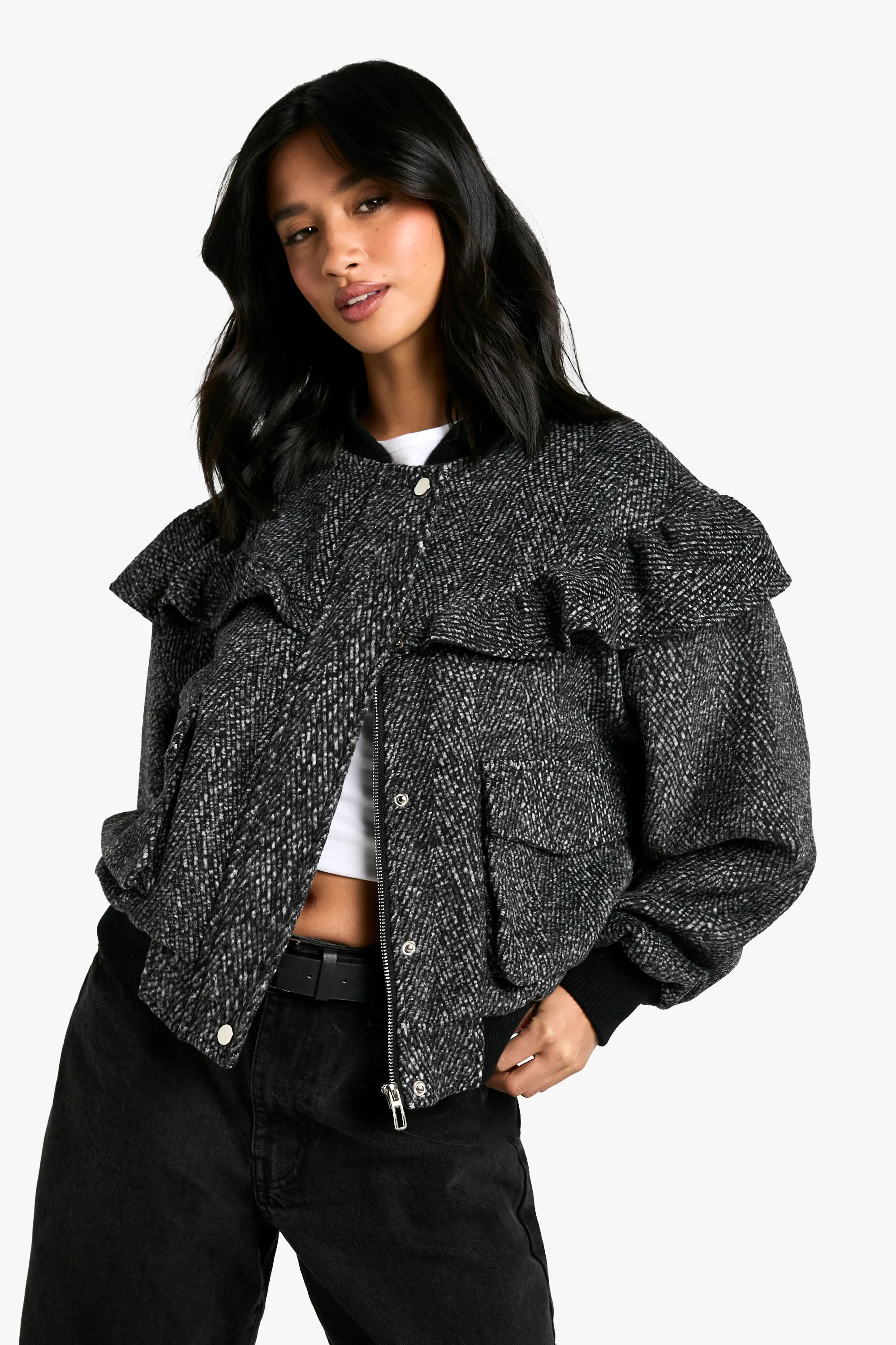 Petite Frill Detail Wool Look Bomber Jacket | boohoo (US & Canada)