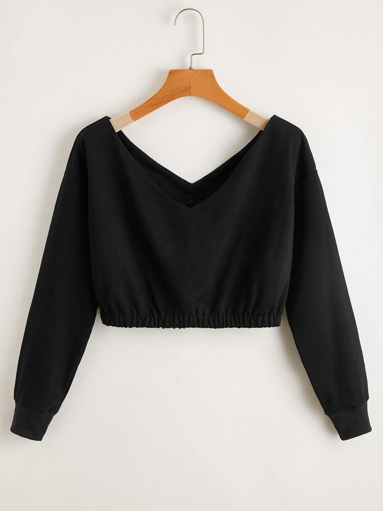 Solid V-Neck Crop Sweatshirt | SHEIN