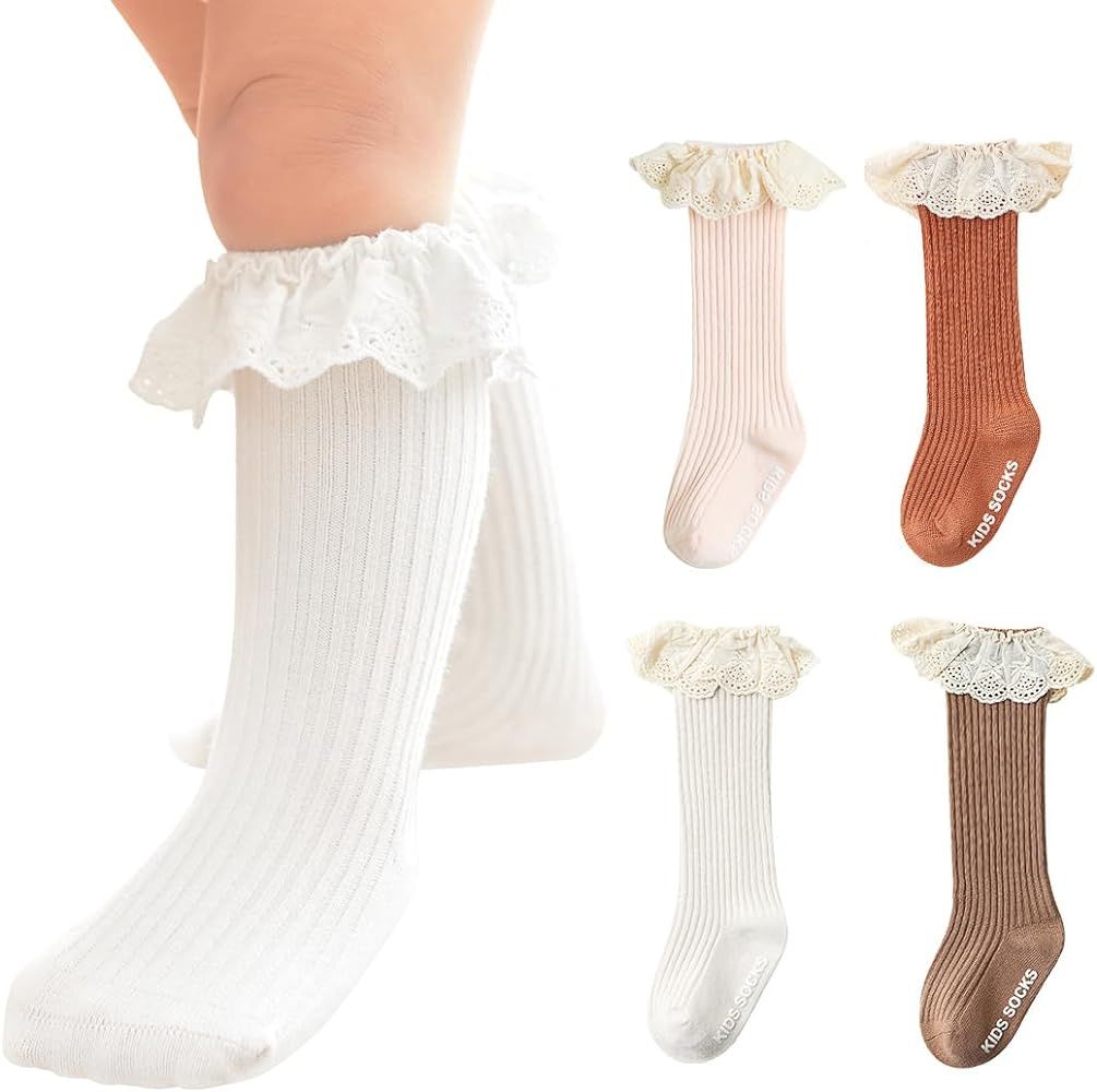 Infant Frilly Baby Girls Knee High Socks Newborn Thigh Lace Ruffle Long Socks Toddler Tights Stoc... | Amazon (US)