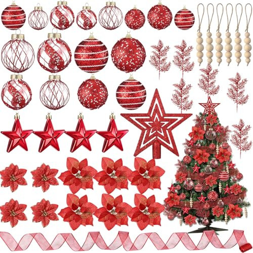Jenaai 89 Pcs Red Christmas Tree Decorations Set, Christmas Tree Ball Ornaments Glitter Star Tree Topper Poinsettias Boho Wood Beads Ribbon Pine Needles for Farmhouse Holiday Christmas Tree Decor | Amazon (US)