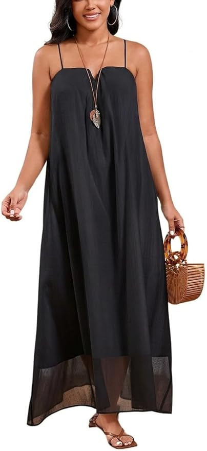 Womens Spaghetti Strap Maxi Travel Dress - Flowy Summer Beach Sundress with V-Neckline - Casual L... | Amazon (US)