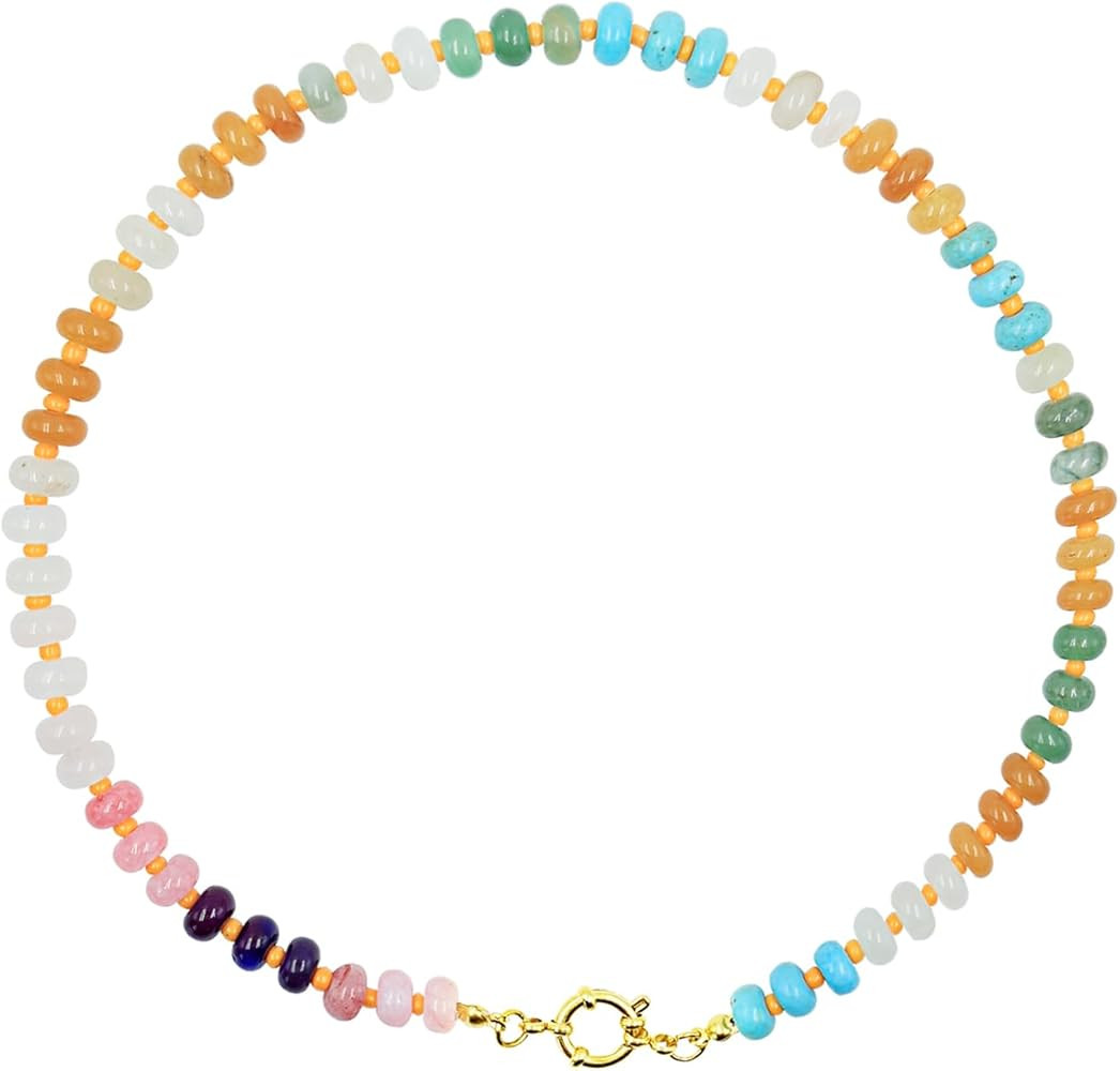 Natural Stone Beaded Necklace Beaded Necklace for Women Colorful Beaded Necklace Boho Rainbow Sto... | Amazon (US)