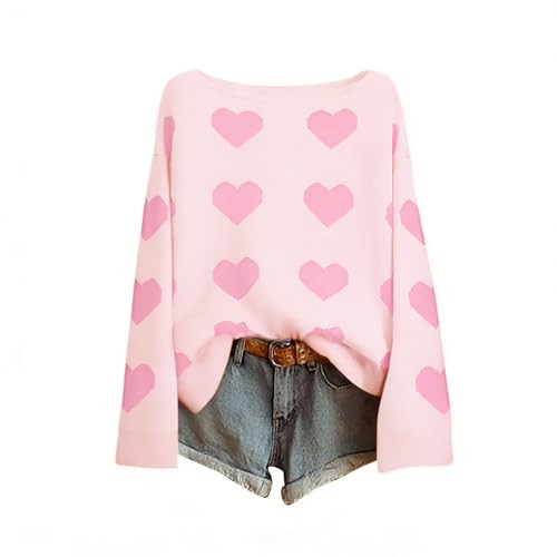 ASTANFY Heart Sweater For Women Valentines Sweaters Valentines Day Shirts Off The Shoulder Sweater Pink | Amazon (US)