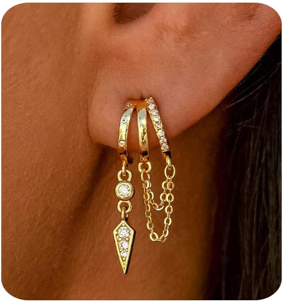 Gold Earrings for Women Trendy 14K Gold Dangle Earrings Small Hoop Huggie Drop Stud Earrings Cubi... | Amazon (US)