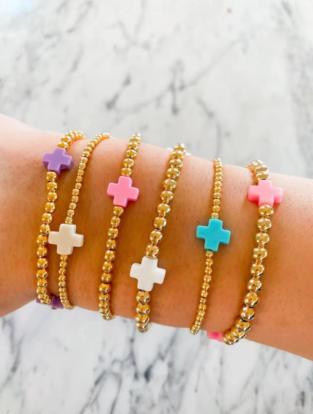 Gold Beaded Cross Bracelet - 14k Gold Filled Beads | Etsy (US)
