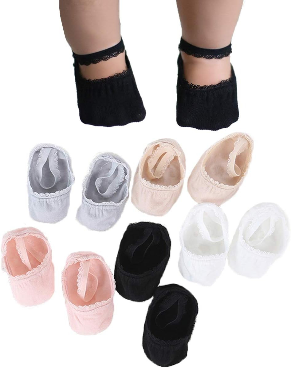 Baby Girl Socks Lace Non-skid Toddler Socks Newborn Infants Anti Slip Skid Princess Mary Jane Dress Socks 0-3T 5 Pcs | Amazon (US)