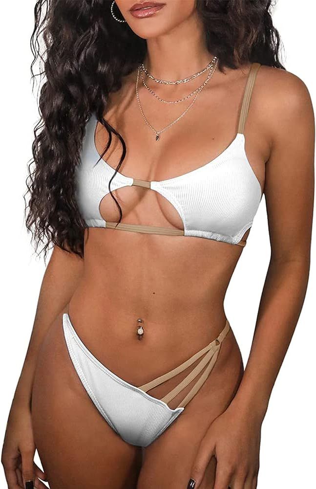 ZAFUL Women's Sexy Cutout Bikini Thong Bikini Set String Two Piece Swimsuit Bathing Suit | Amazon (US)
