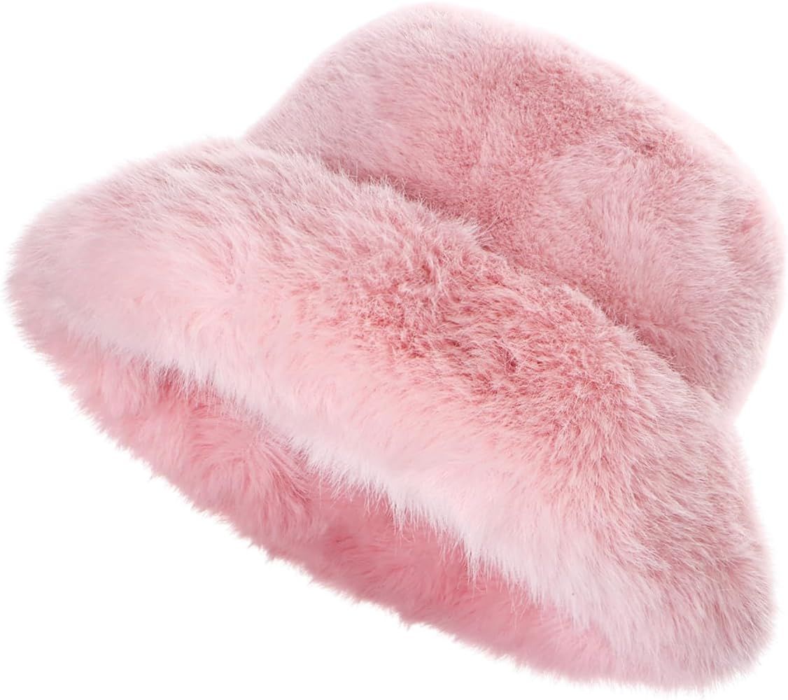 Yonchic Winter Soft Faux Fur Plush Bucket Hat, Lovely Fuzzy Fisherman Cap, Fashion Outdoor Thick ... | Amazon (US)