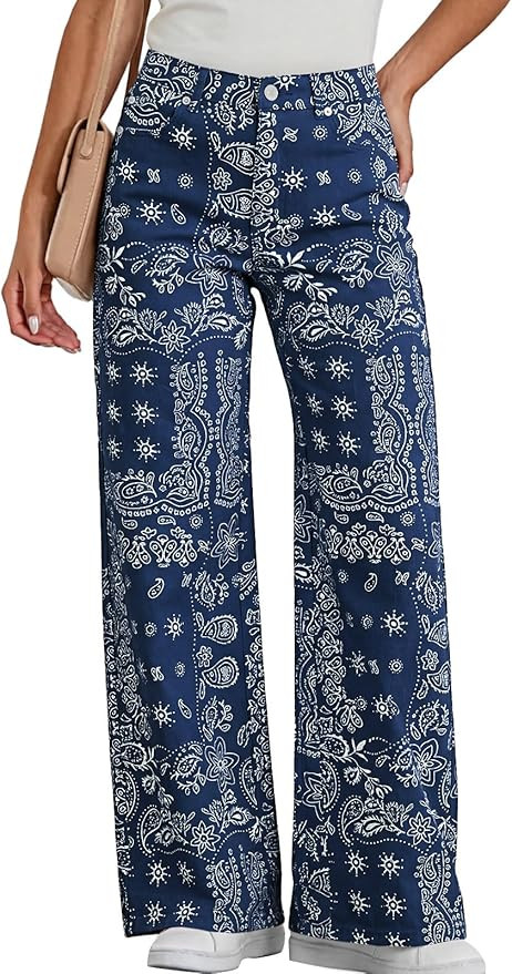 Tankaneo Womens Baggy Wide Leg Jeans Floral Print Boho High Waist Vintage Boyfriend Denim Pants w... | Amazon (US)