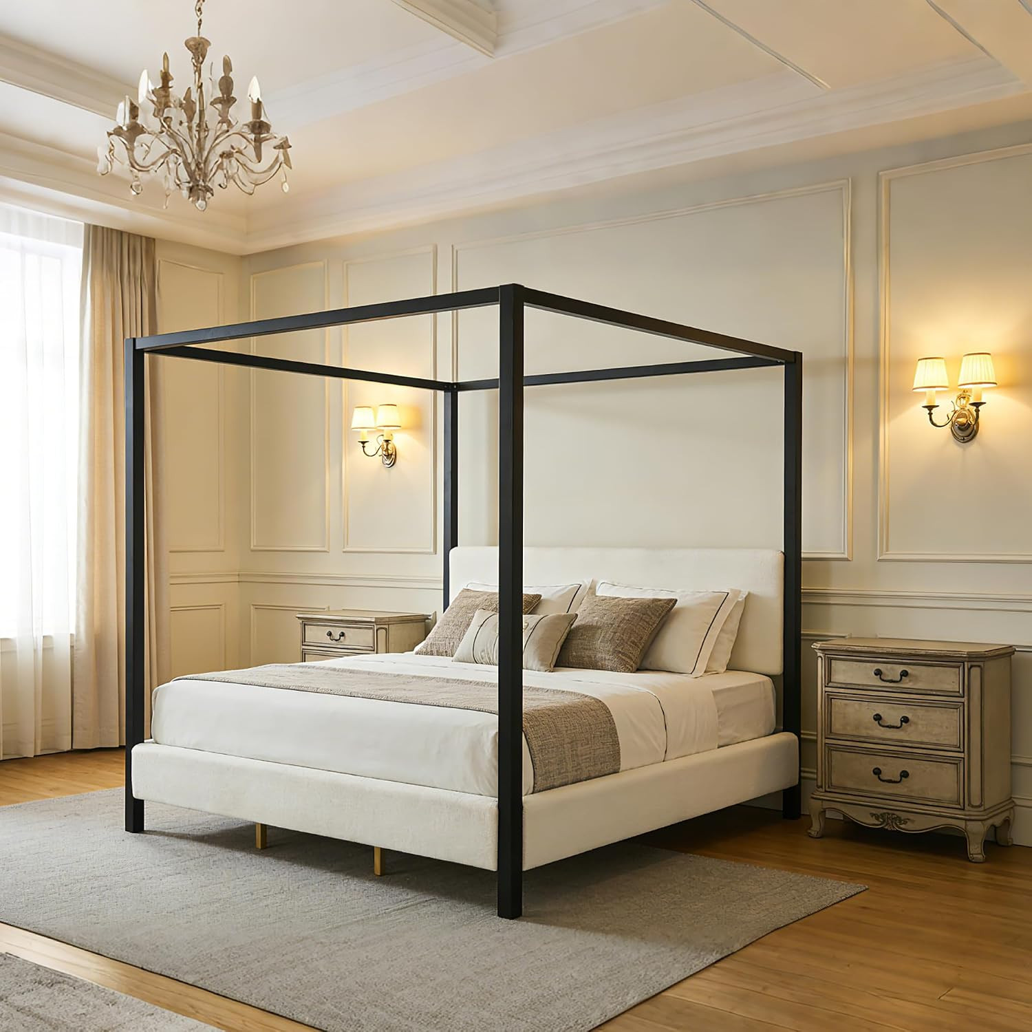 Merax King Canopy Bed with Black Metal Frame and Plush White Bouclé Upholstery, Modern Four-Poster Bed with Sturdy Wooden Slat Support for Bedroom | Amazon (US)