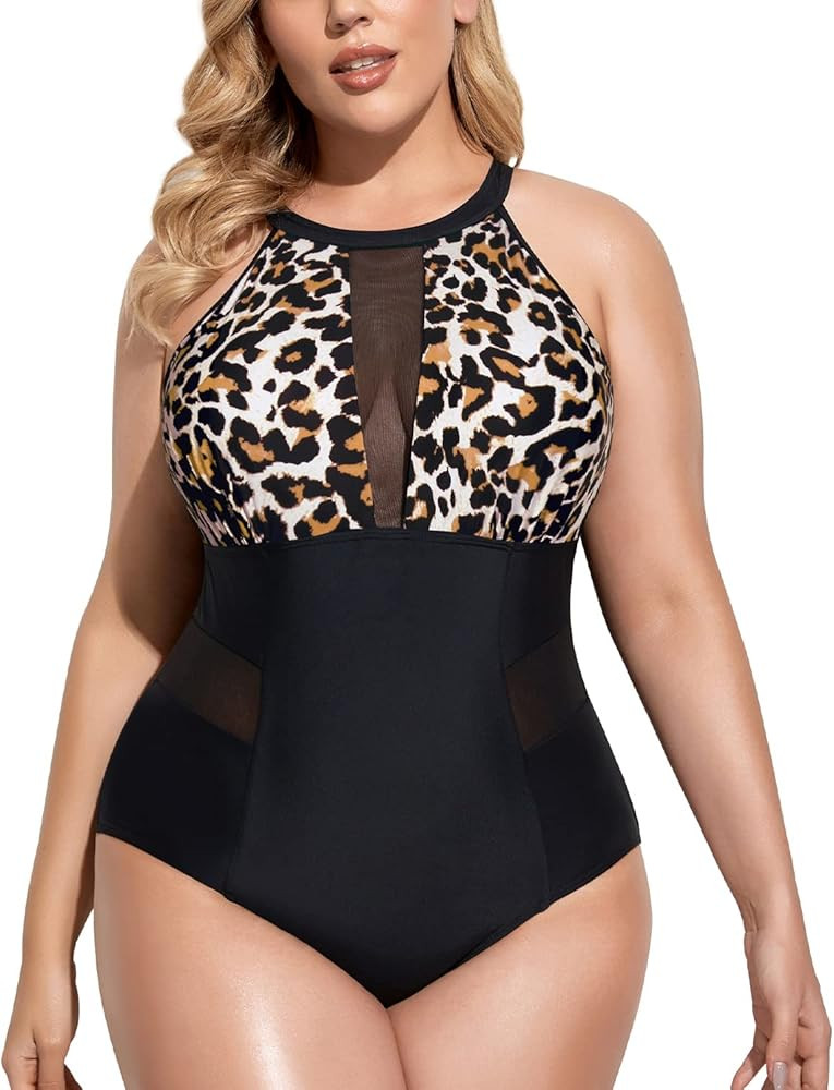 Daci Plus Size One Piece Swimsuit for Women High Neck Plunge Mesh Cutout Monokini Swimwear | Amazon (US)