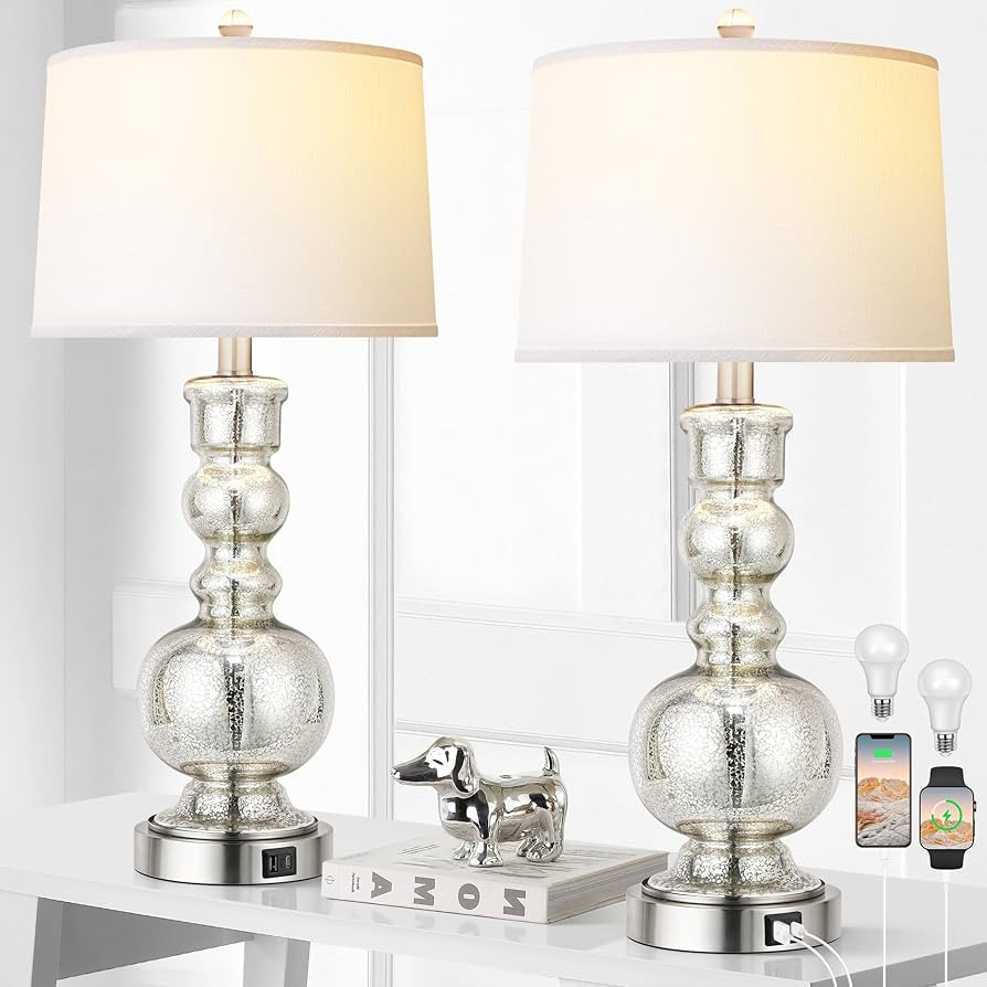 3-Way Dimmable Touch Control Mercury Beaded Ball Glass Lamps Set of 2 for Bedroom with USB A+C Co... | Amazon (US)
