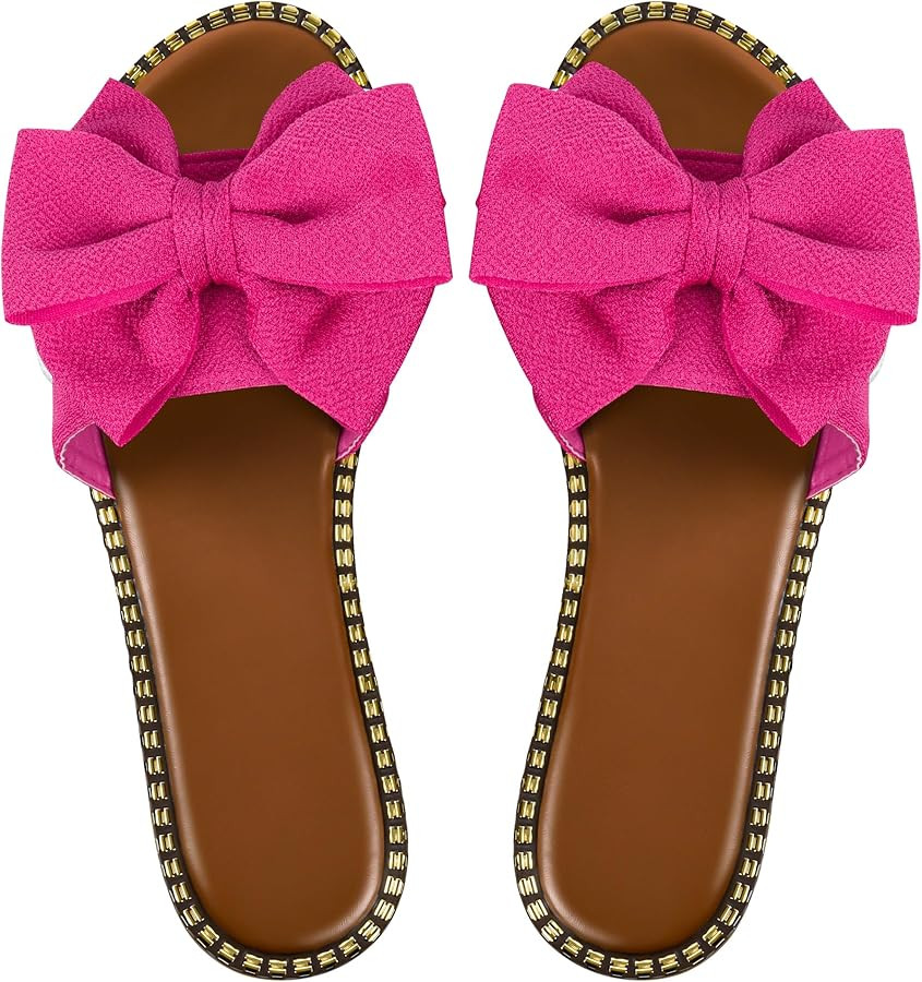 Women's Bow Knot Slides Open Toe Flat Sandals Summer Slip On Slippers | Amazon (US)