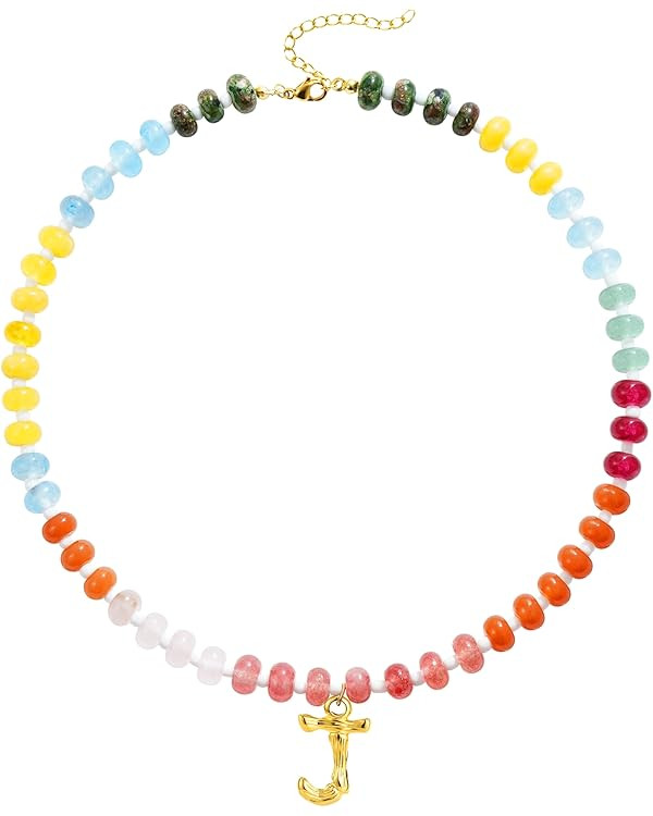 SLOONG Colorful Beaded Necklace for Women, Boho Necklaces Bohemian Rainbow 14K Gold Plated Initia... | Amazon (US)