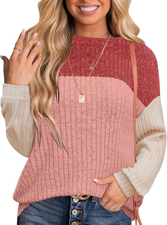 MixShe Womens Sweaters Color Block 2025 Fall Fashion Crewneck Tunic Tops S-XXL | Amazon (US)