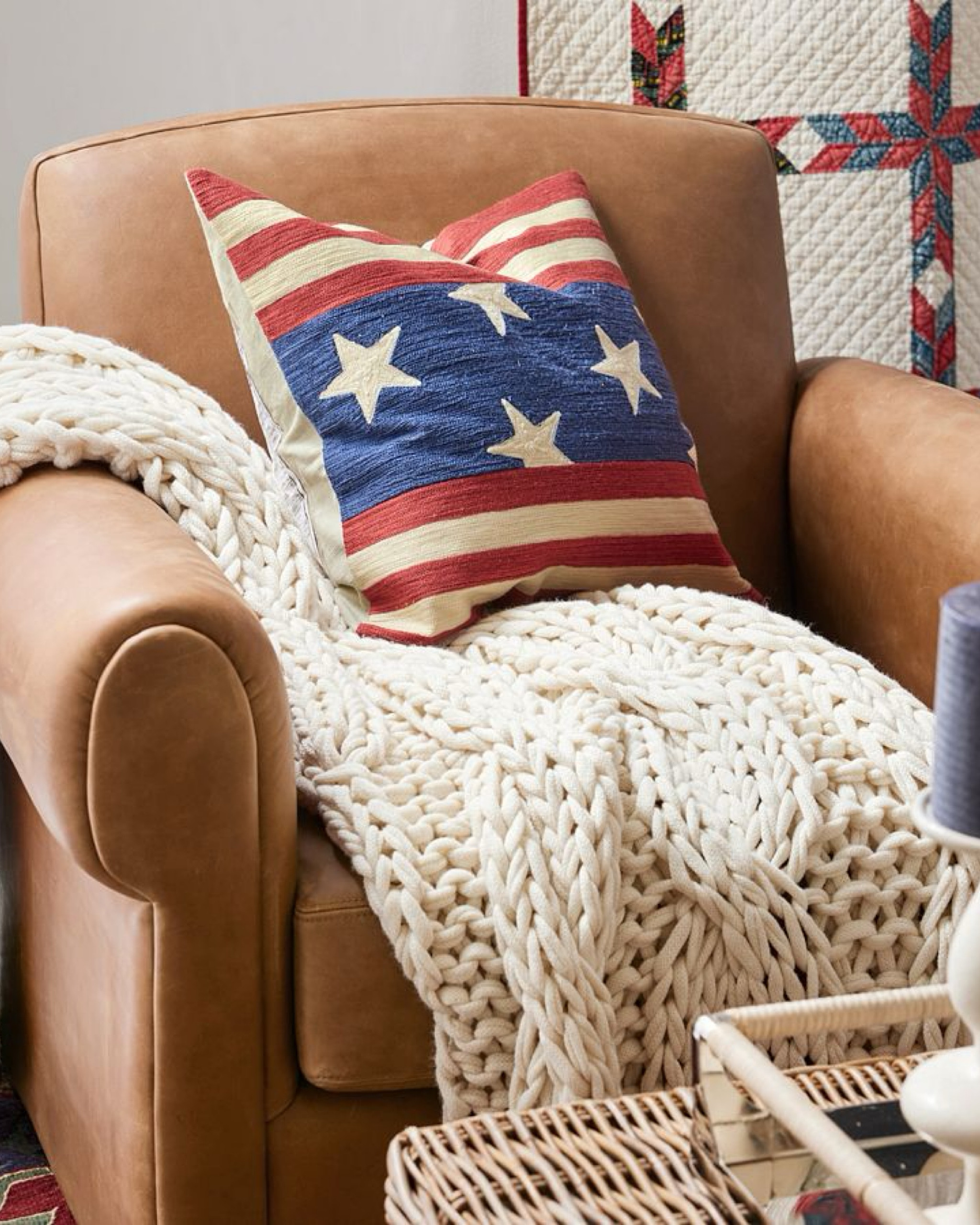 America flag pillows. Patriotic pillows. Red, white and blue pillows. 
Leather armchair. Chunky knit throw.

#LTKSaleAlert #LTKSeasonal #LTKHome