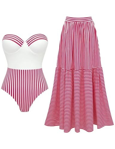 FLAXMAKER Women's Retro One Piece Bandeau Striped Bathing Suit with Adjustable Strap Swimsuit and Skirt (US, Alpha, Medium, Regular, Regular, Pink Swimsuit and Skirt) | Amazon (US)