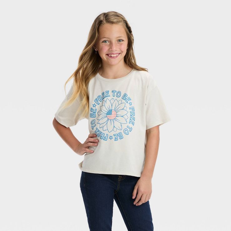 Girls' Free To Be Americana Graphic Cropped T-Shirt - Beige | Target