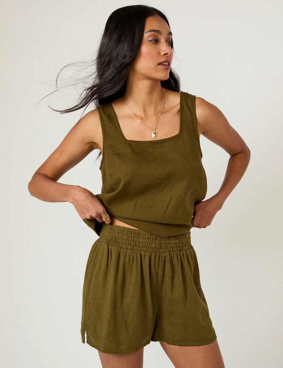 Khaki Green Linen-Blend Elasticated Shorts | Nobody's Child