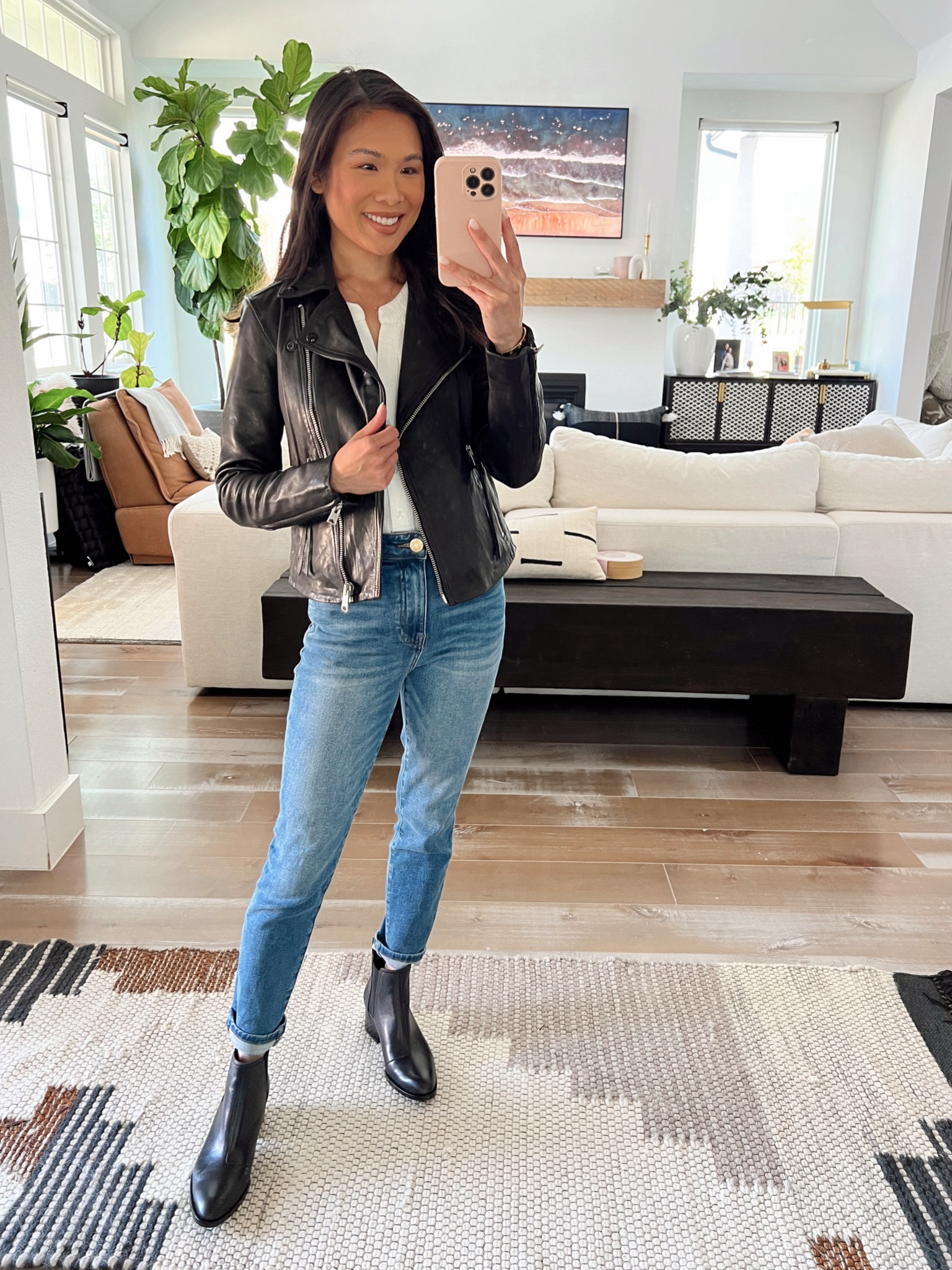 Casual fall outfit with the best leather jacket. Love this AllSaints biker jacket because the leather is buttery soft and actually warm. Size up one size. Pairing with medium wash jeans and rag and bone Chelsea booties which are so comfortable. Size up one size to wear with socks  

#LTKStyleTip #LTKxNSale #LTKSummerSales