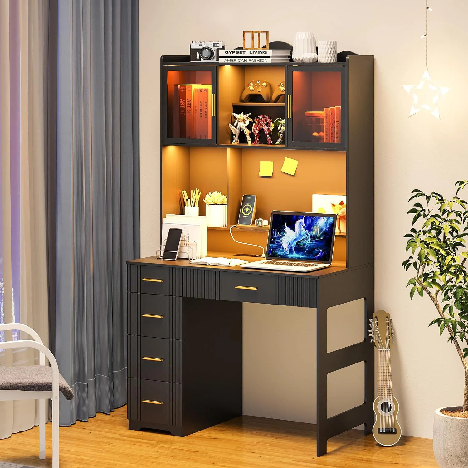 Computer Desk with Hutch and LED Lighting | Wayfair North America