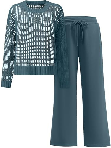 ANRABESS Womens 2 Piece Outfits Crochet Sheer Knit Sweater Top Wide Leg Pants Lounge Set Sweatsuit 2026 Spring Travel Clothes Dark Teal Medium | Amazon (US)