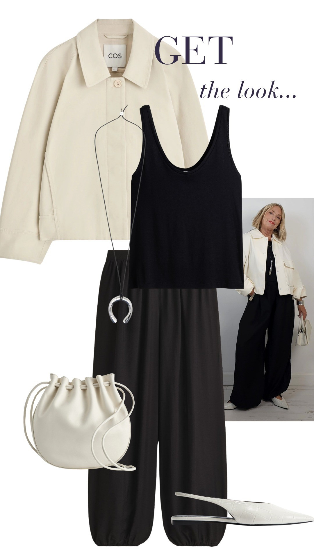 Easy monochrome look....Black balloon trousers -  cream short jacket - silk tank - cream flat slingbacks - cream bag

#LTKuk #LTKsummer #LTKover50style