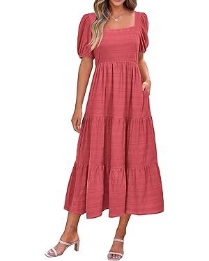 PRETTYGARDEN Women's Summer Dresses 2024 Puff Sleeve Square Neck High Waist Smocked A-Line Flowy ... | Amazon (US)