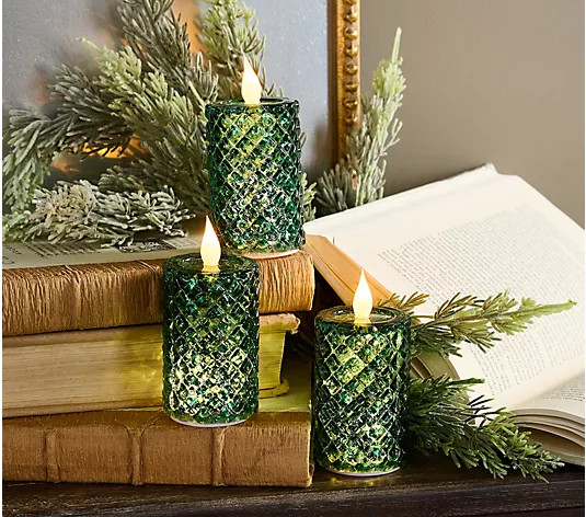 Set of 3 Twinkling Mercury Glass Quilted Candles by Valerie | QVC