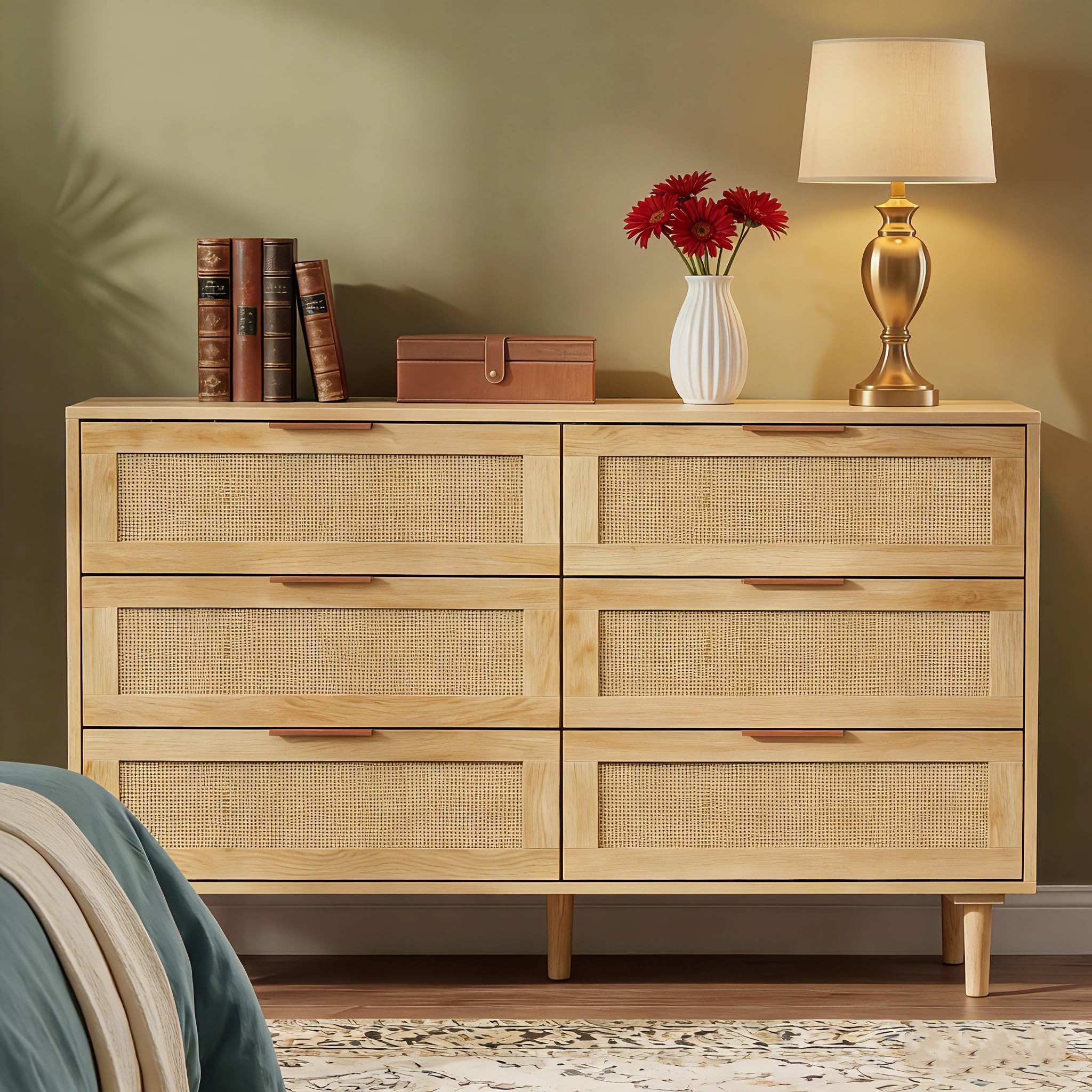 FUQARHY 6 Drawer Dresser Rattan Dresser Modern Chest with Drawers,Wood Storage Closet Dressers Chest of Drawers for Bedroom,Living Room,Hallway (Natural) | Amazon (US)