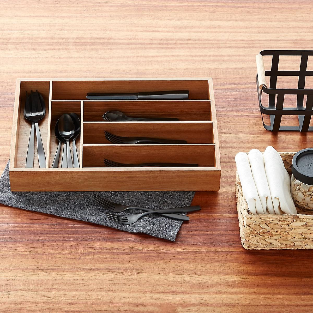 Deep Acacia Silverware Tray | The Container Store