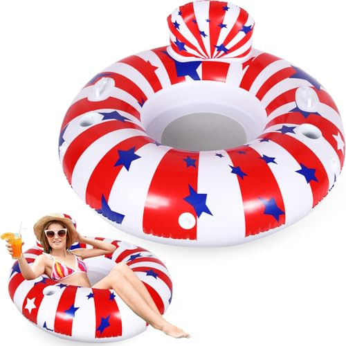 Lewtemi 43'' Patriotic Inflatable Pool Floats River Tubes Heavy Duty Red White and Blue Water Float for Pool Lounge River Float with Cup Holder 2 Grip Handle Grab Rope for 4th of July Pool(Classic) | Amazon (US)