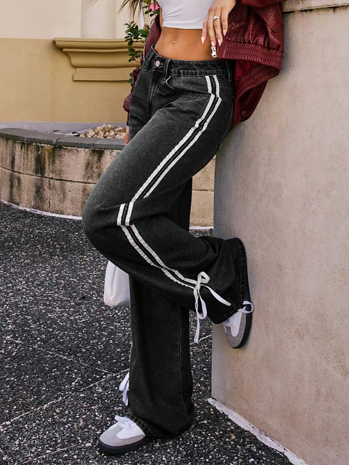 SHEIN Tall Women's Side Stripe Straight Loose Casual Jeans Y2K Webbing Bow | SHEIN