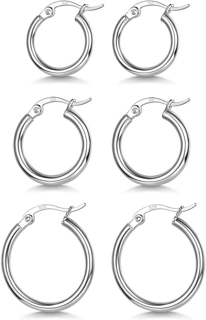 3 Pairs 925 Sterling Silver Hoop Earrings | Small White Gold Plated Hoop Earrings for Women Girls... | Amazon (US)