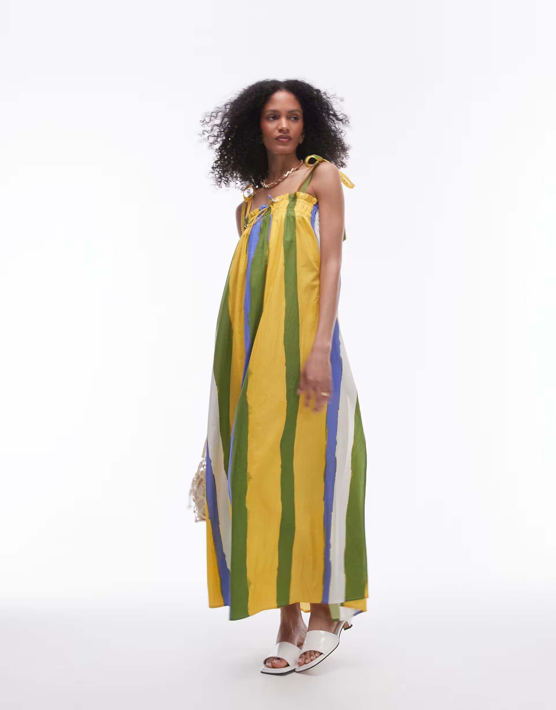 Topshop poplin striped ruched bust maxi dress in yellow and green multi | ASOS (Global)