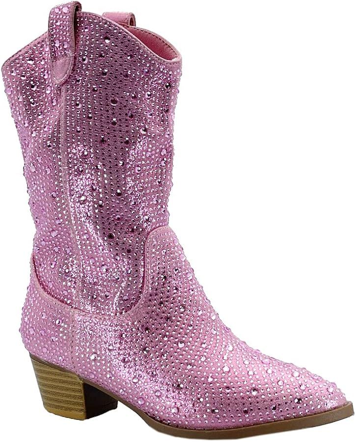 ABSOLEX Girls' Western Cowgirl Cowboy Pointed Toe Rhinestone Low Heel Boots | Amazon (US)