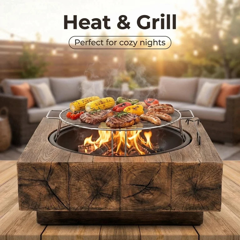 30 Inch Wood-Look Magnesia Fire Pit Table, Safe Outdoor Heater with Grill & Spark Screen, Easy to... | Walmart (US)