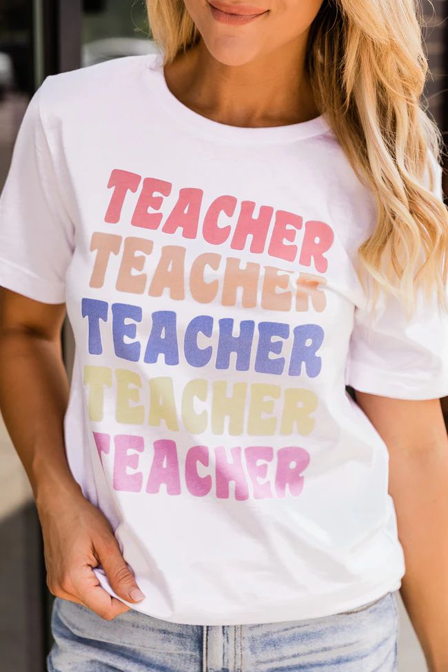 Teacher Multi White Graphic Tee, Medium - Pink Lily | Pink Lily