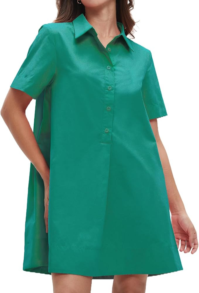 Ladyful Women's Mini Tunic Dress Cotton Short Sleeve Shirt Dress Button Down Summer Swing Short D... | Amazon (US)