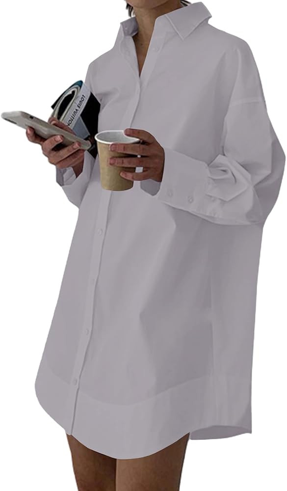 LYANER Women's Casual Shirt Dress Collar V Neck Button Down Loose Long Sleeve Mini Dresses | Amazon (US)