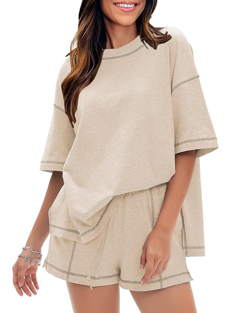 EXLURA Women's Casual Summer 2 Piece Sets 100% Cotton Short Sleeve Tshirt and Shorts Matching Swe... | Amazon (US)