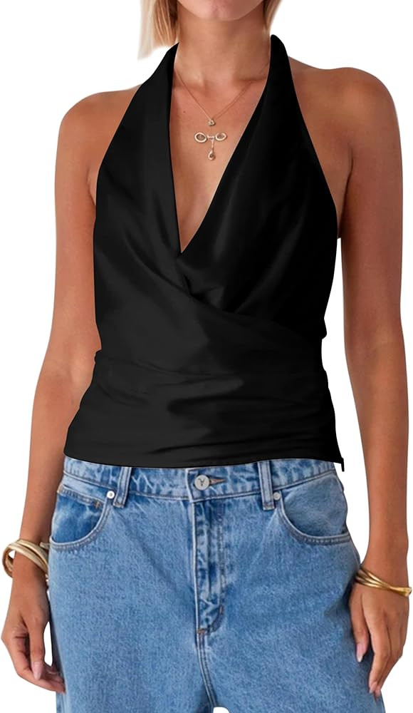Sexy Deep V Neck Silk Satin Halter Tops for Women Summer Slim Backless Crop Tank Tops Solid Sleev... | Amazon (US)