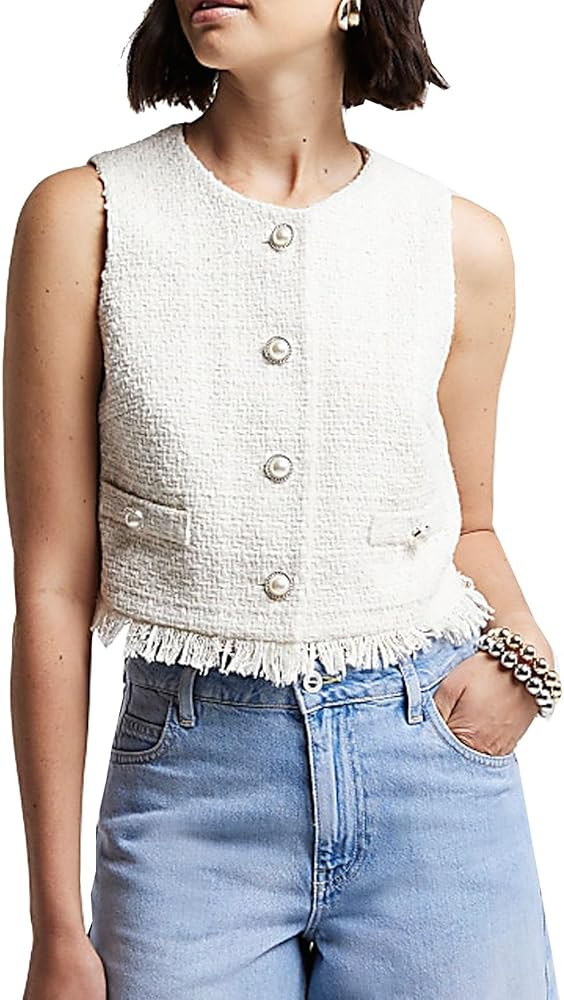 SCOFEEL Women's Tweed Cropped Vest Sleeveless Button Down Work Office Vest Casual Elegant Blazer ... | Amazon (US)