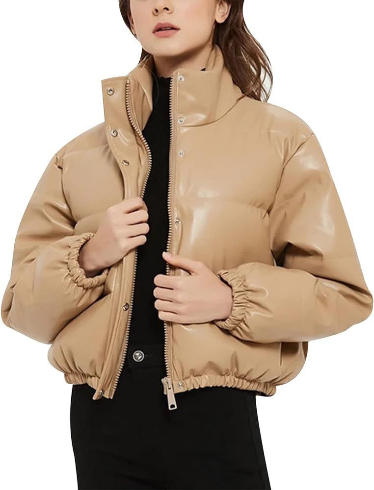Arssm Women's Puffer Jacket Cropped Leather Jackets Winter Warm Short Padded Coats | Amazon (US)