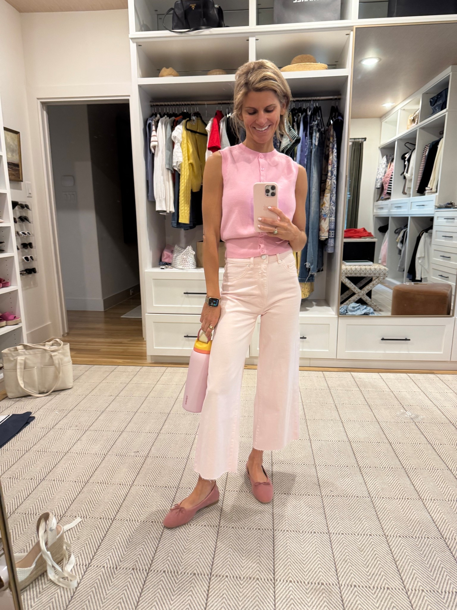 Jeans: DL1961 Pink Denim (cut them for length)
Top: Nordstrom ASTR pink button up - wearing xs 
Jacket: Amazon quilted puffer - wearing s
Shoes: old Boden