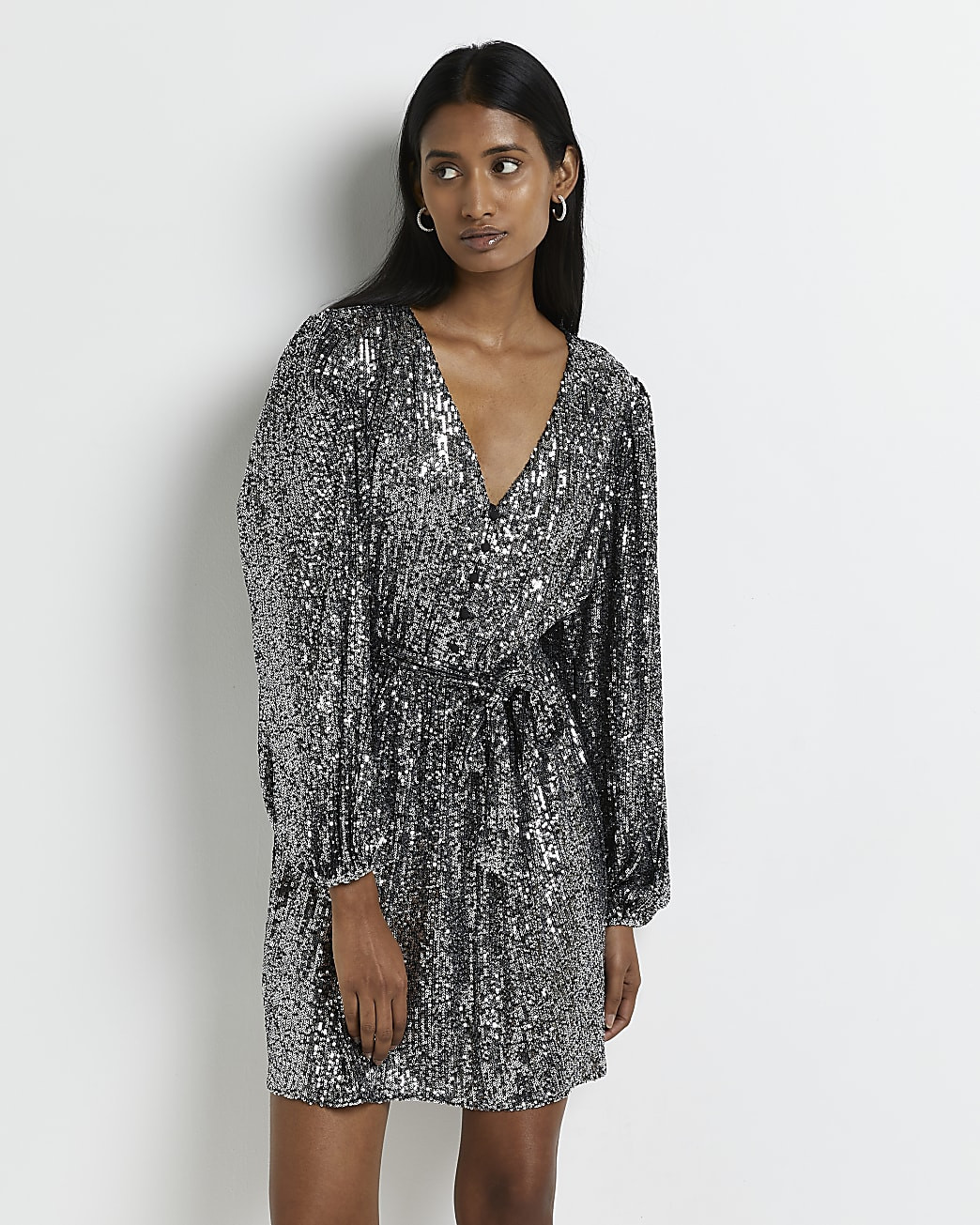 Silver sequin tie waist mini dress | River Island (UK & IE)