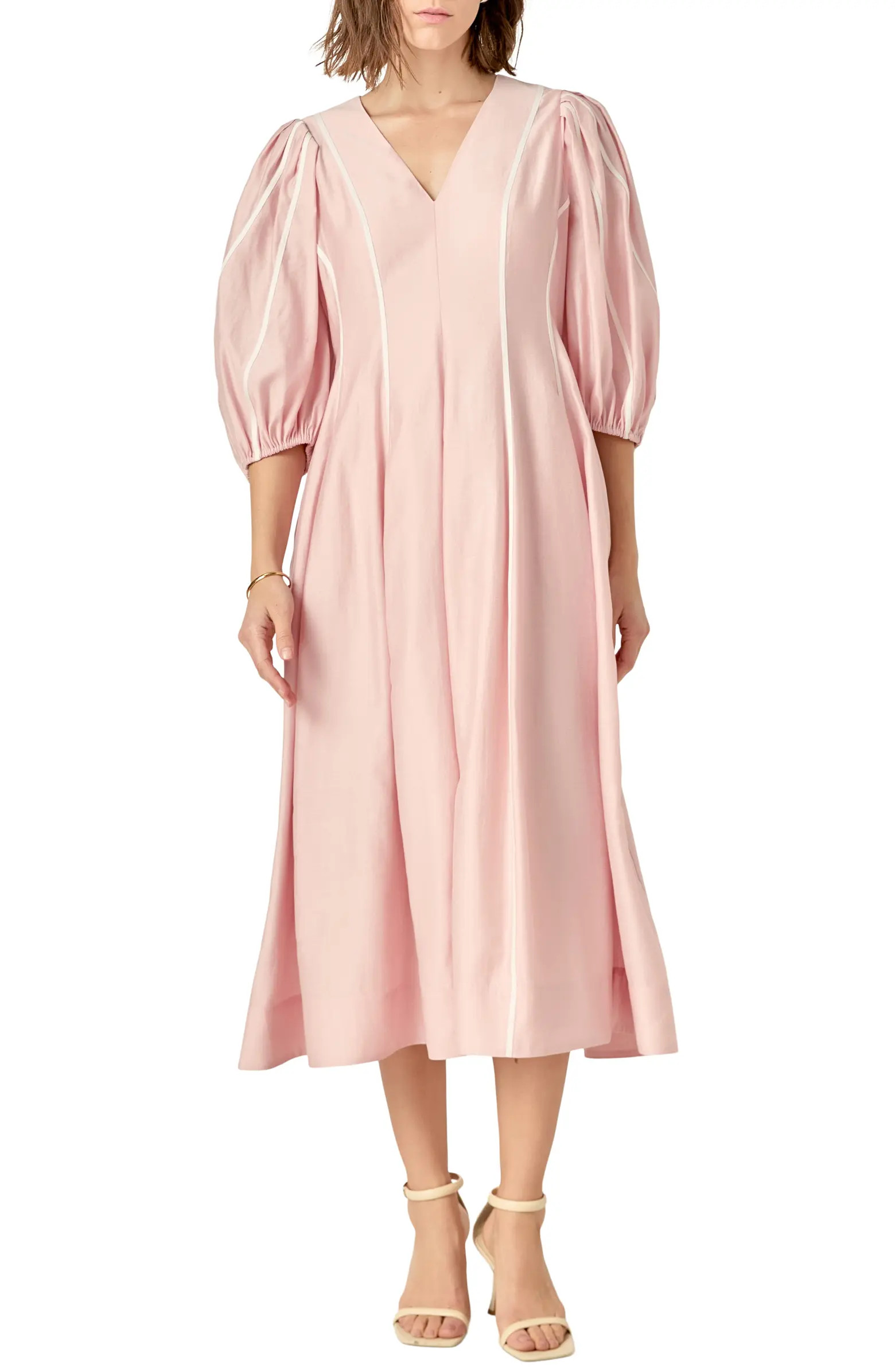 English Factory Contrast Binding Puff Shoulder Midi Dress | Nordstrom | Nordstrom