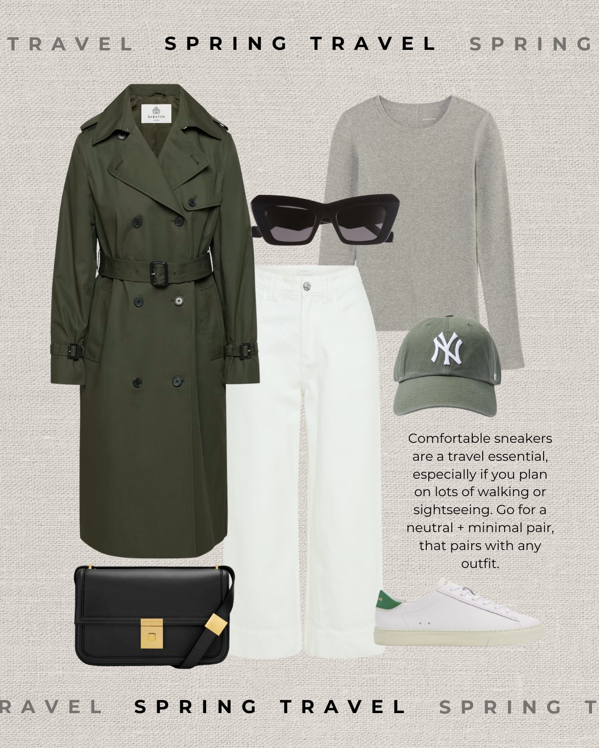 Spring travel outfit 

Green trenchcoat  / gray long sleeve / ecru wide leg jeans / green baseball hat / Demellier purse / sneakers / pop of green / spring outfit / Japan outfit 

#LTKSeasonal #LTKStyleTip