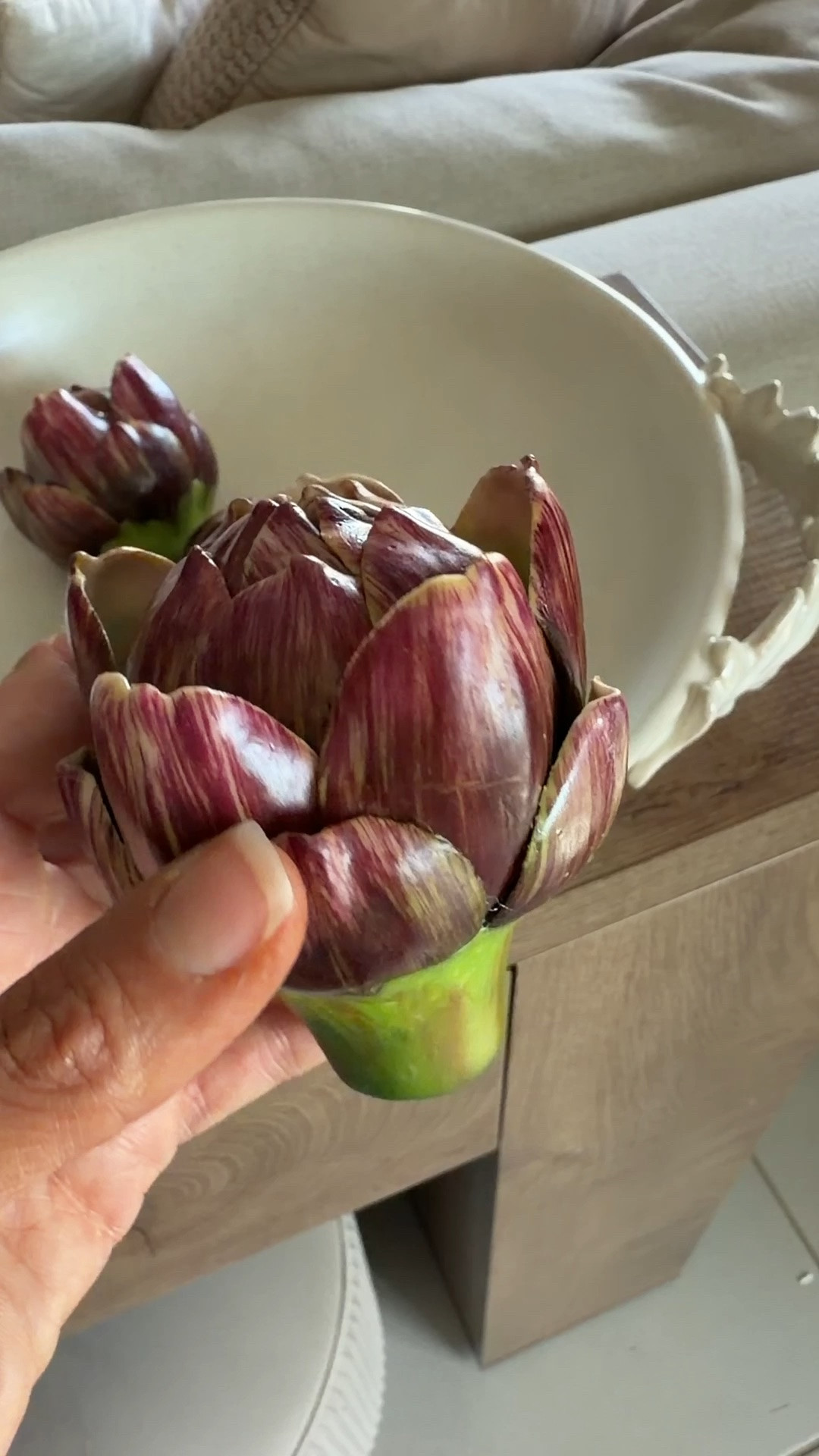 The prettiest bowl + filler combo! The cream botanical bowl paired with these lifelike purple faux artichokes is such an easy way to add color, texture + that designer look to your console, kitchen or dining space.

#LTKHome